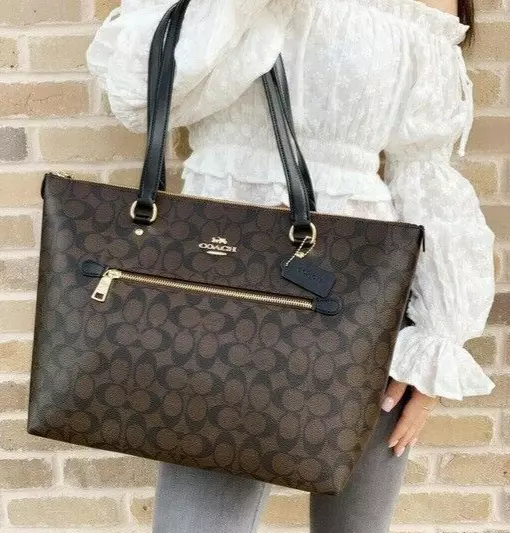 🌞Coach Ny Gallery Signature Brown Black Logo Top Zip Shoulder Tote Bag🌺Nwt!
