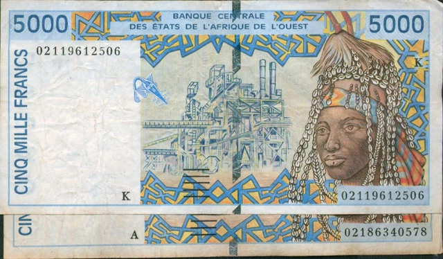 WEST AFRICAN STATES LOT 2x 5000 FRANCS 2 DIFFERENT COUNTRIES. VF+ CONDITION. 8RW