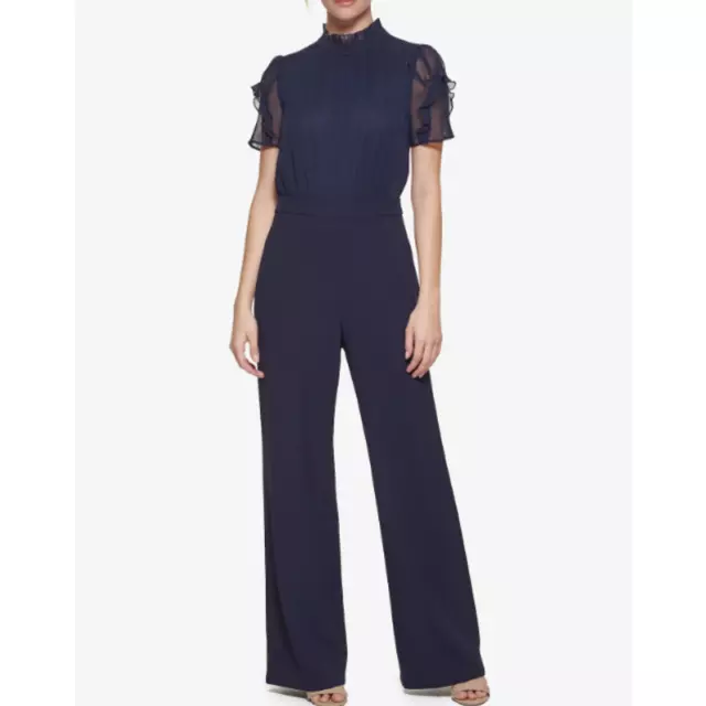 VINCE CAMUTO Chiffon Bodice Jumpsuit Size 2 Navy Blue Short Sleeve Mock Neck NWT