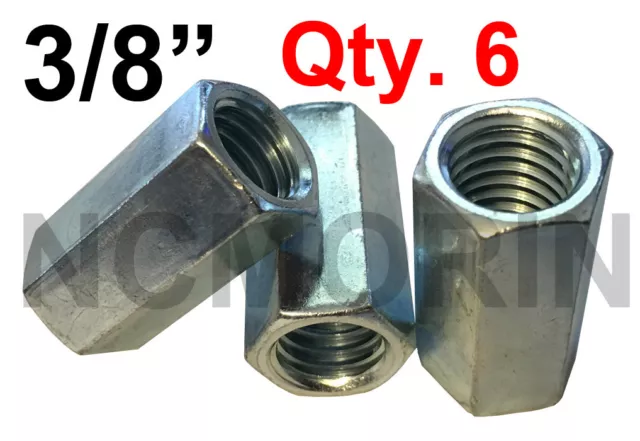 Qty 6 Hex Rod Coupling Nuts 3/8-16 x 1-1/8 Threaded Rod Connectors Zinc Coupler