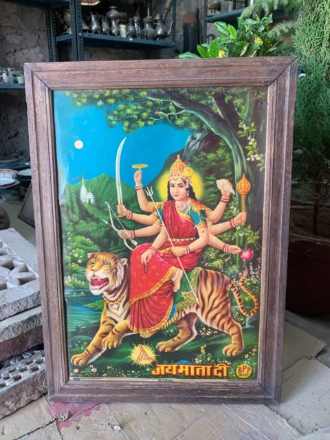 Vintage 1960's Old Goddess Durga Hindu Worship Lithograph Print Wooden Framed