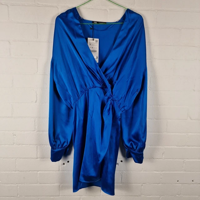 ZARA WOMENS BLUE Satin Effect Mini Wrap Dress V-Neck Long Sleeve Size  Medium UK £29.99