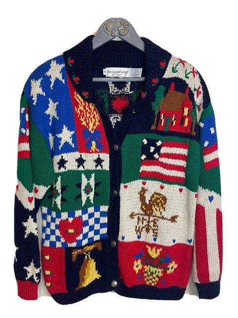 The Eagle's Eye M Women's Hand Knit Button Sweater Patriotic American Flag Stars