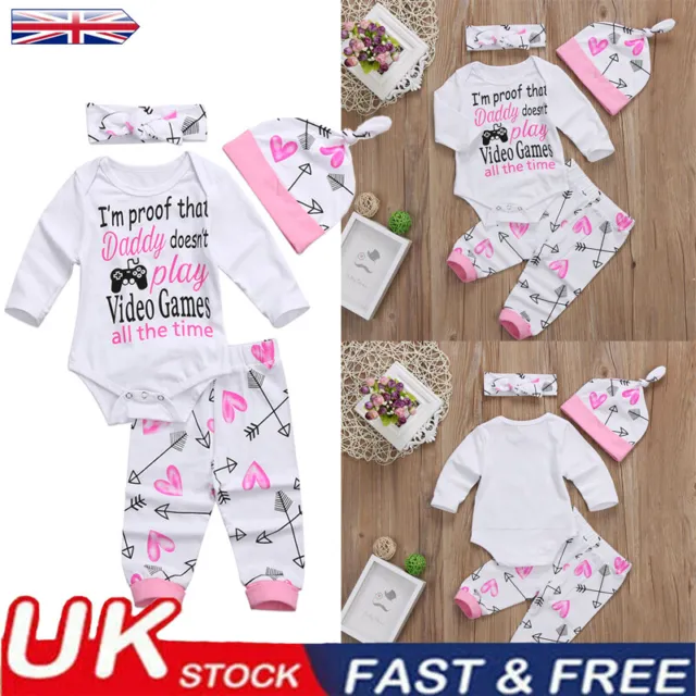 4PCS Newborn Baby Girl Bodysuit Romper Pants Headband Set Infant Outfits Clothes