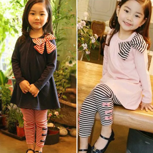 2Pcs Girls Kids Bow T Shirt Dress Tops Long Pants Trousers Tracksuit Outfit Set