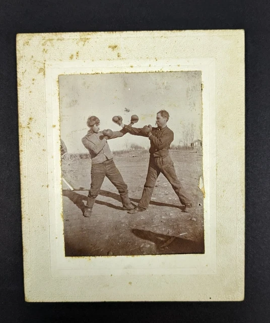 Antique Cabinet Card Photo Boxing Two Men Gloves Outdoor Country Rural Sepia