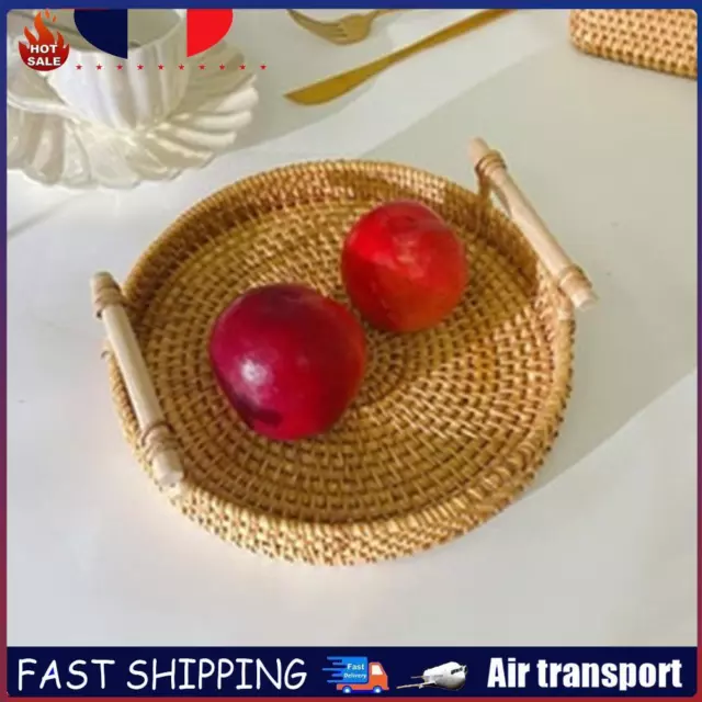 Handmade Rattan Storage Tray with Wooden Handle Wicker Basket for Cake (S) FR