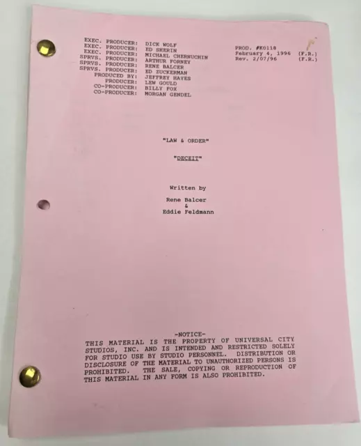 LAW & ORDER / Rene Balcer 1996 TV Script, Peter Riegert & Tom O'Rourke "Deceit"