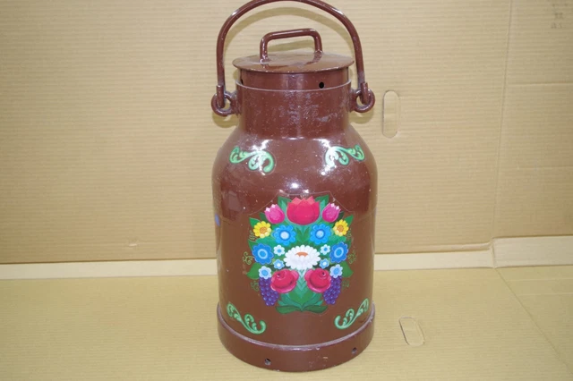 Antiguo Talla Pintado Jarra de Leche 50 CM Aluminio con Tapa