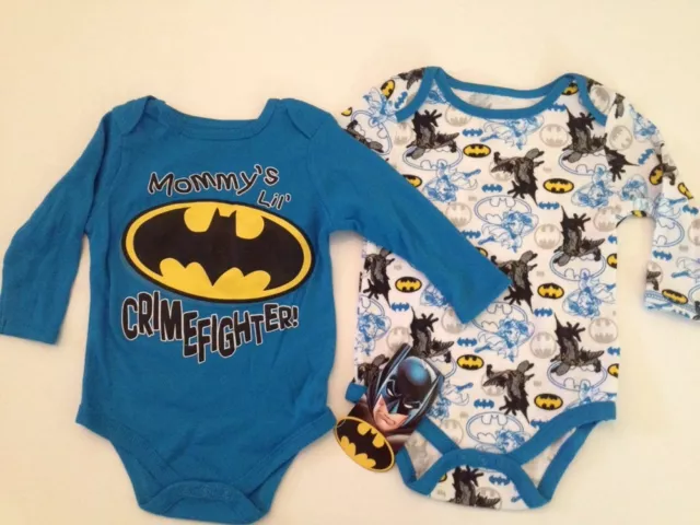Baby Boy Batman Superhero 2 Long Sleeve Bodysuits Size 3 6 9 Months Layette Blue
