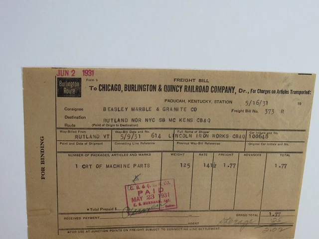Paducah, KY Station Chicago, Burlington & Quincy Railroad Co. 1931 Invoice