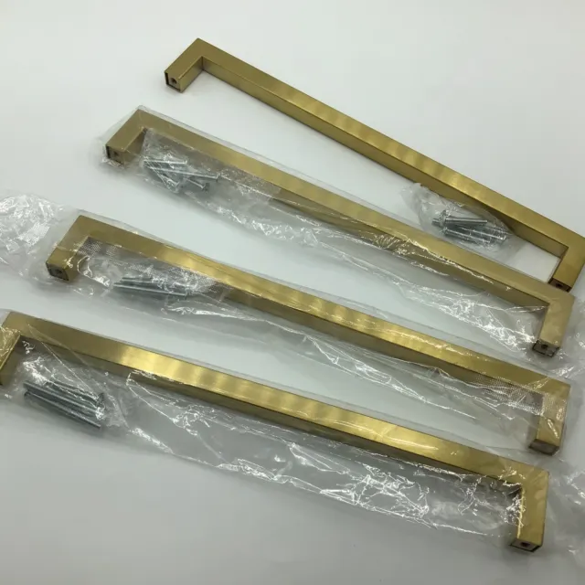 Brushed Brass Gold Cabinet Handles Drawer Pulls 10.5 inch Modern Square Set Of 4