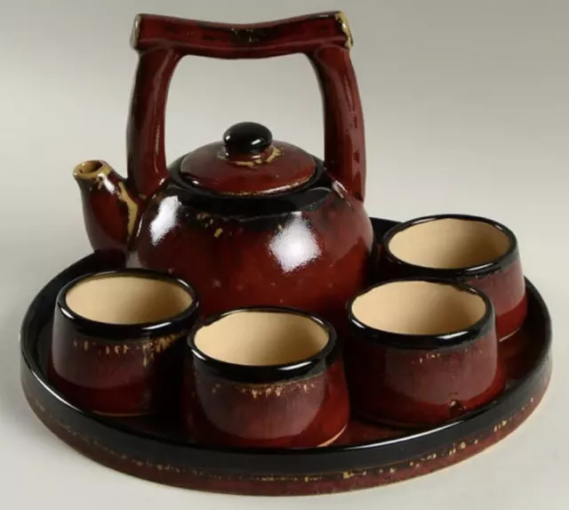 PIER 1-  “Shanghai” Teapot, 4 Cups, Tray Tea Set Red Brown Drip Earthenware