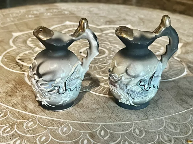 Vintage Japanese Dragonware Salt And Pepper Shakers Blue Eyed Dragon