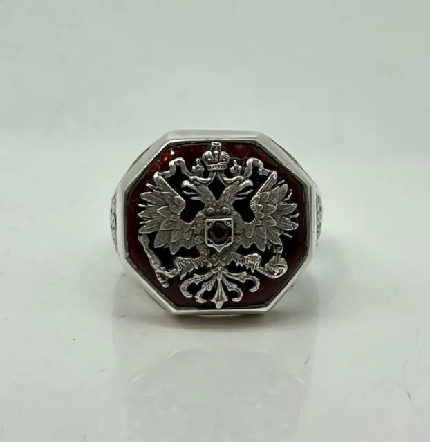 FABERGE Antique Imperial RUSS Enamel Men Officer Ring with Garnet , 88 Silver 2