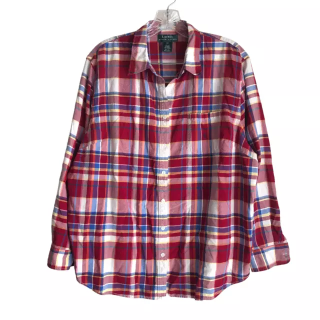 Lauren Ralph Lauren Women's 100% Silk Blouse Shirt Plus 2X Plaid Long Sleeve