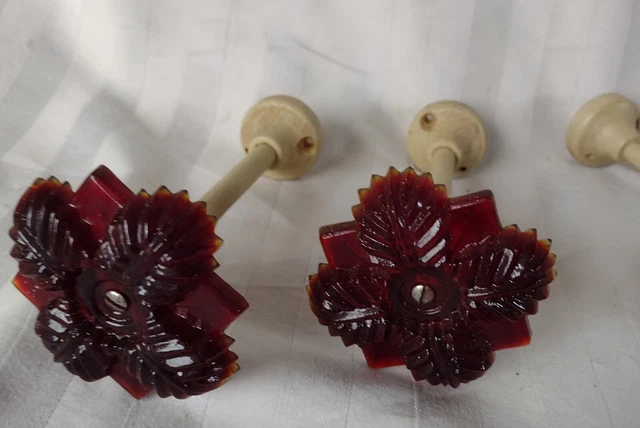 6 Antique Victorian Ruby Red Glass Flower Curtain Tie Backs 6