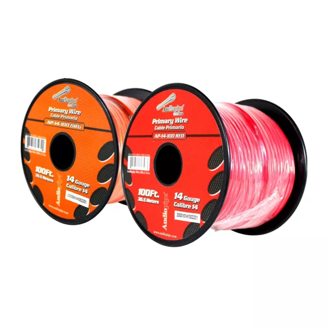 Bote de cable remoto de alimentación a tierra primaria Audiopipe (2) 14ga 100 ft CCA rojo y naranja