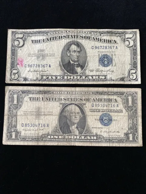 ✯RARE✯ Lot Pair $1 1935-1957, $5 1953 Blue Seal Silver Certificate Note Old Bill