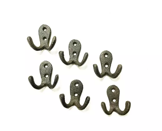 Small Old Style Cast Iron Double Robe / Coat Hook Set of 6 Rustic Brown