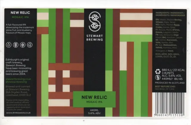 Scotland - Beer Can Sticker Label - Stewart Brewing, Edinburgh - New Relic
