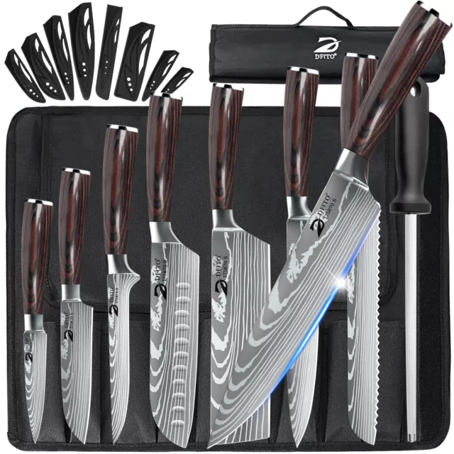 Kitchen Knives Set Japanese Laser Damascus Pattern Chef Cutlery Steak Knife +Bag
