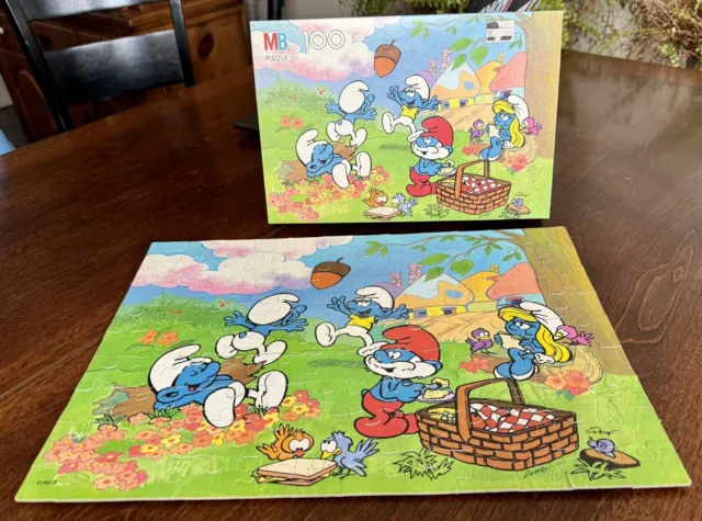 Vintage SMURF 100 Piece Puzzle Milton Bradley 1988 Picnic COMPLETE 4190-9