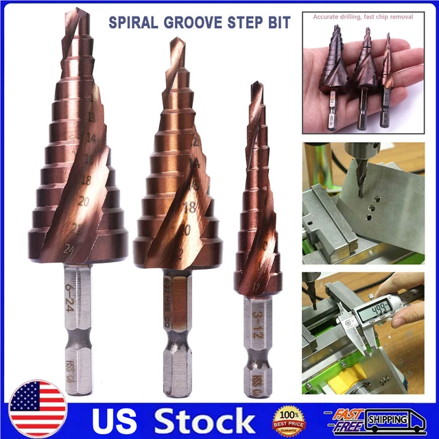 3PCS 3-12/4-22/6-24 HSS-Co Spiral Groove Hex Shank Step Drill Bit Hole Cutter US
