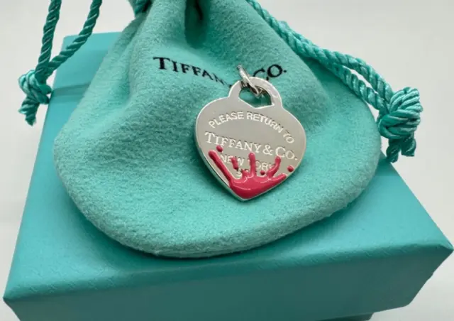 Tiffany &Co RTT Pink Enamel Splash Medium Heart  Charm pendant Sterling 925 Rare