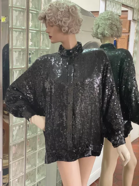 Judith Ann Black Sequin Silk Jacket VTG 80s Dolman Sleeve Jacket Top S / M