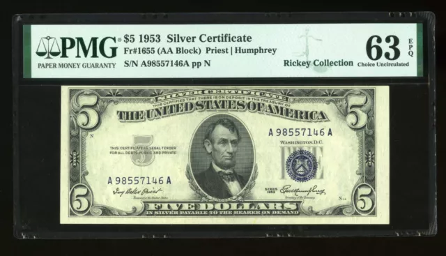 DBR $5 1953 Silver Fr. 1655 AA Block PMG 63 EPQ Serial A98557146A