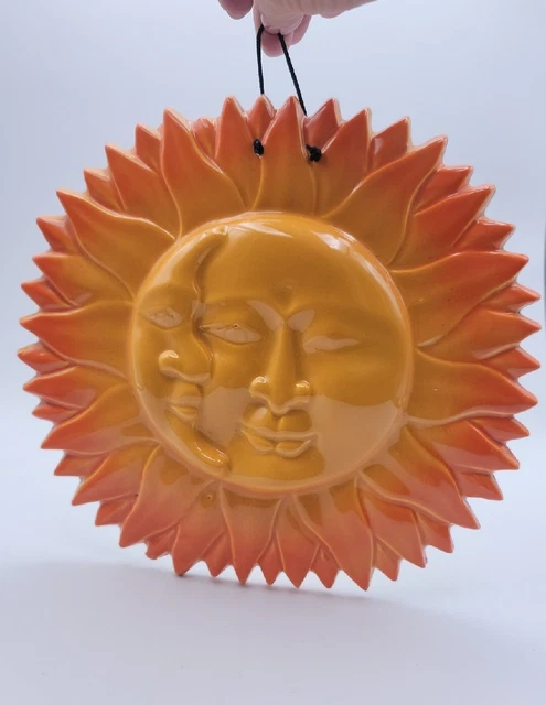 Studio Art Pottery Yellow Orange Moon and Sun Anthropomorphic Wall Hanger 9 in