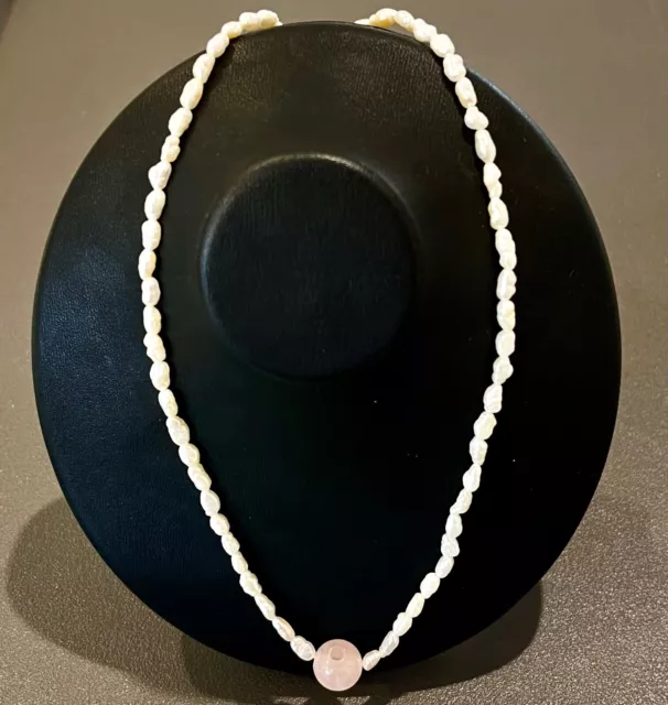 925 Collar de Perlas Con Quarzo Rosa, 45 CM Largo, Buen Estado