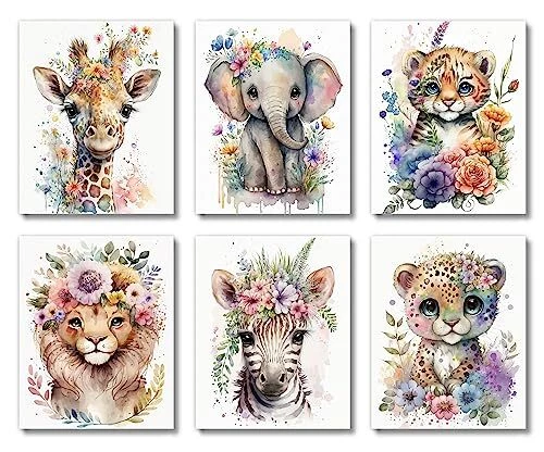 Baby Watercolor Safari Animals Nursery Decor Wall Art Prints (UNFRAMED 8x 10