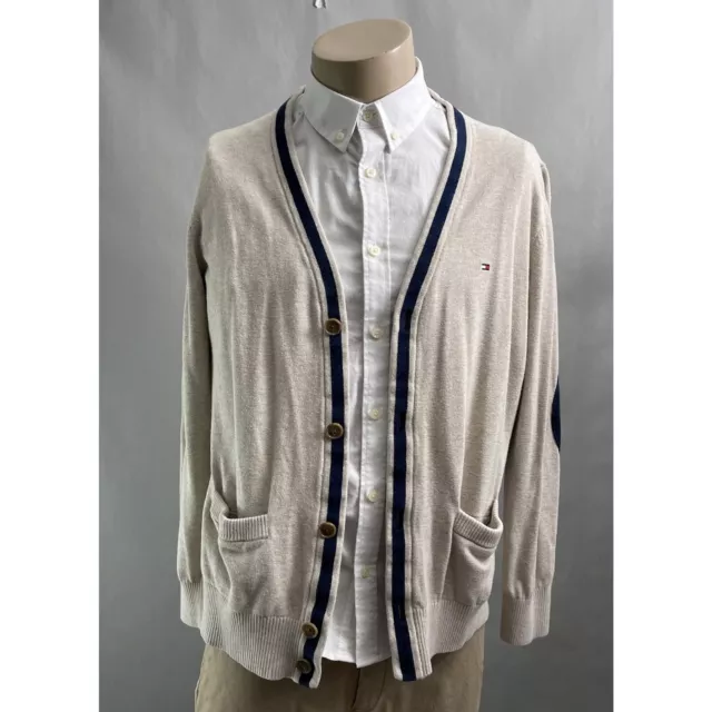 Tommy Hilfiger Cardigan Sweater Large Men Beige Adaptive Button V-neck Blue