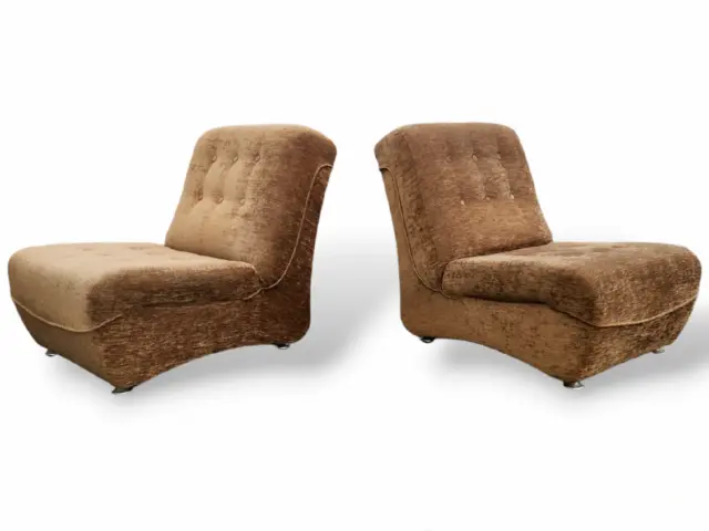 Pair of Mid Century brown Velour Armless Modular sofa 1970s Retro lounge chairs
