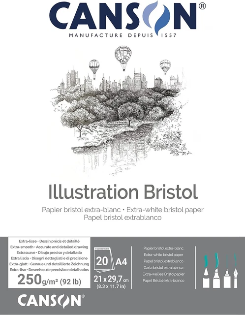 Carta Canson Bristol 250 gm, bianco alto e ultra liscio, pad A4 di cui 20 lei