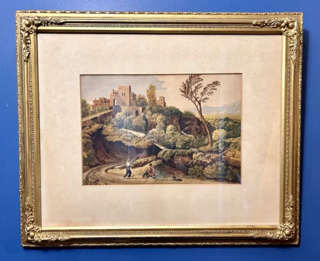 Antique 19th Century Italianate Watercolour Painting Country Castle Landscape