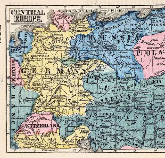 1855 Central Europe Map Germany Russia Austria Poland Switzerland Bohemia