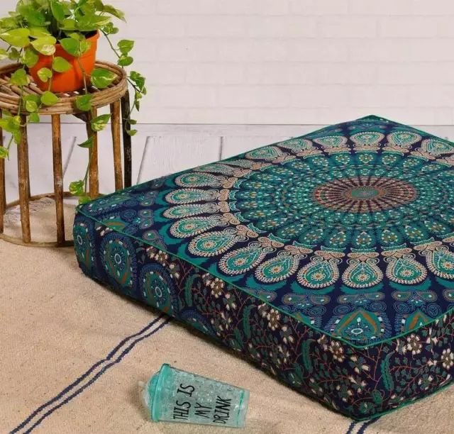 35" Indian Blue Peacock Mandala Square Floor Pillow Case Cushion Cover Dog Bed