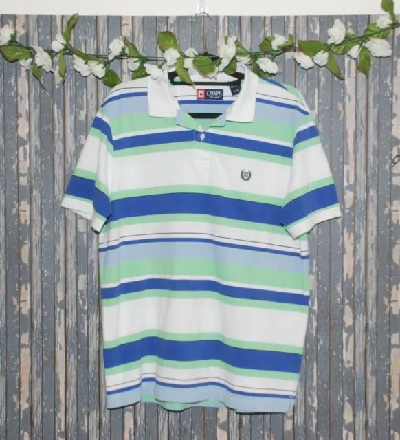 Chaps Mens Short Sleeve Polo Shirt Size L White Blue & Green Striped