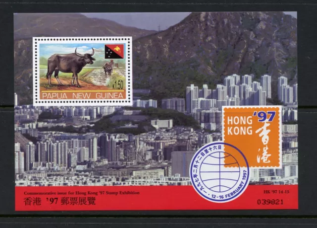 L149 Papua New Guinea 1997 fauna oxen flags Hong Kong sheet MNH