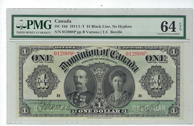 Dominion of Canada One Dollar 1911 DC-18d PMG 64 EPQ UNC
