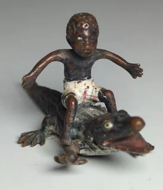 Antique Austrian Vienna MINIATURE COLD PAINTED BRONZE Boy Sat On Crocodile