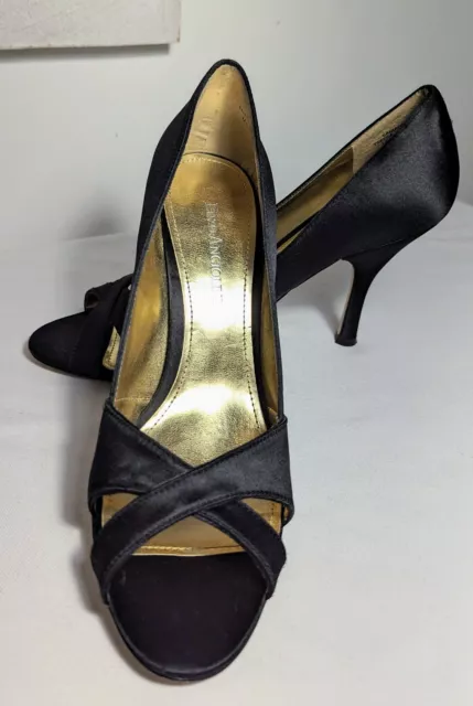 Enzo Angiolini Black Satin Heels Stiletto Open Toe Pump Shoes Women's Size 8M