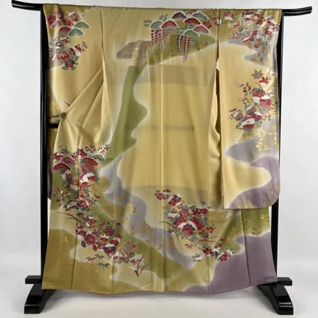 Japanese Kimono Furisode Pure Silk Lined Pine Bamboo Plum Chrysanthemum Foil