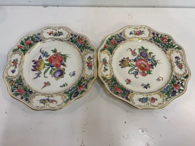 Vtg Carl Saxonian Dresden Porcelain Pair of Reticulated Floral Decorated Plates