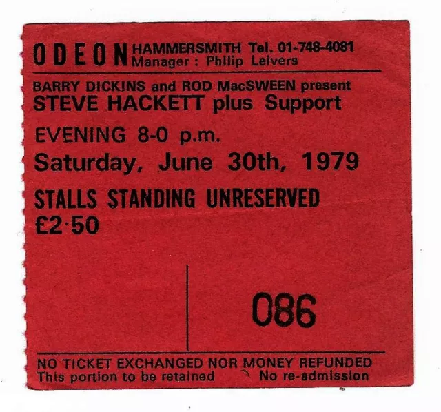 Steve Hackett 6/30/79 London England UK Hammersmith Odeon Ticket Stub Genesis