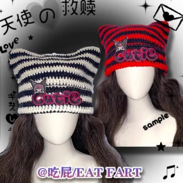 Women Kuromi Knitted Cap Y2K Girl Knit Beanie Hat White Warm Cap Harajuku Style