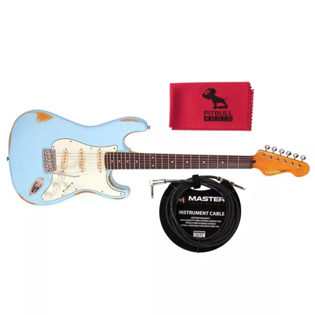 Vintage V6MR Icon Series Distressed SSS Guitar, Laguna Blue w/ Cable & Cloth